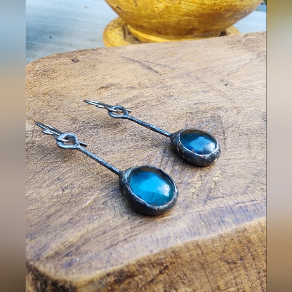 Artisan Handcrafted Blue Stained Glass Soldered Suncatcher Drop Earrings
